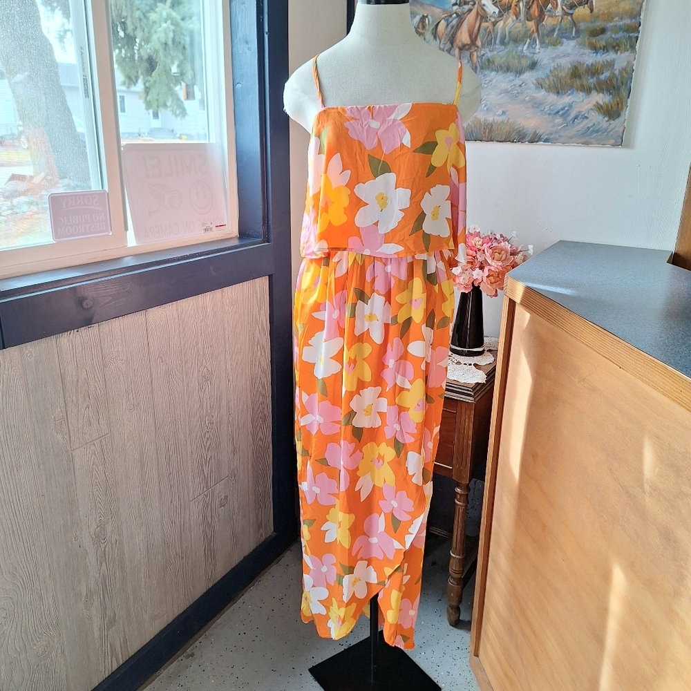 Emily Wonder Orange Floral Faux Wrap Dress, Size Large, Style#D10370, NWOT - Picture 5 of 16
